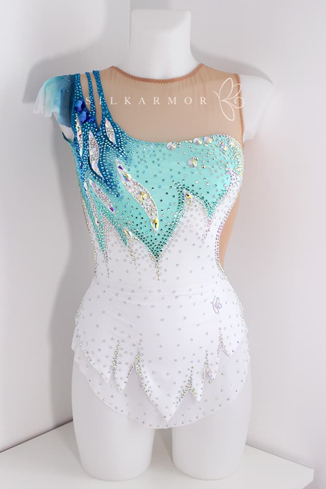 justaucorps grs gymnastique rythmique sur mesure création confection, bleu blanc vert strass voile