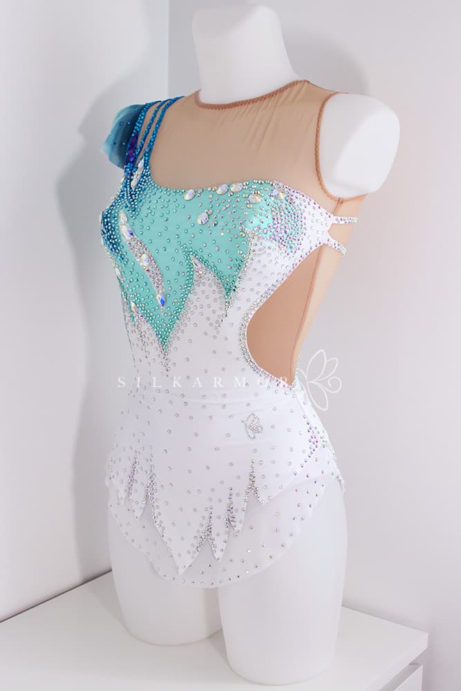 justaucorps grs gymnastique rythmique sur mesure création confection, bleu blanc vert strass voile