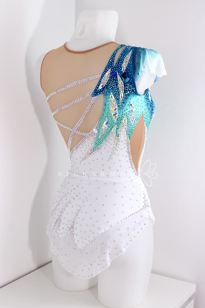 justaucorps grs gymnastique rythmique sur mesure création confection, bleu blanc vert strass voile