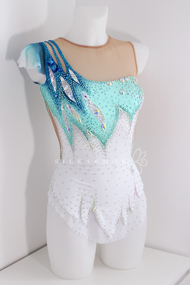 justaucorps grs gymnastique rythmique sur mesure création confection, bleu blanc vert strass voile