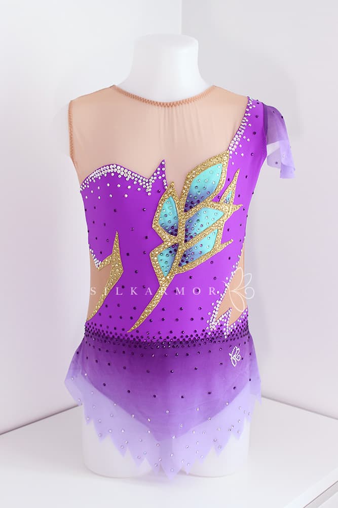 Justaucorps leotard rg rythmics gymnastic gymnastique rythmique compétition couturière sur mesure lycra violet peinture dégradée strass création justaucorps