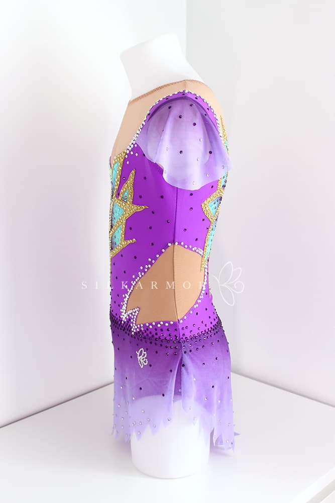 Justaucorps leotard rg rythmics gymnastic gymnastique rythmique compétition couturière sur mesure lycra violet peinture dégradée strass création justaucorps