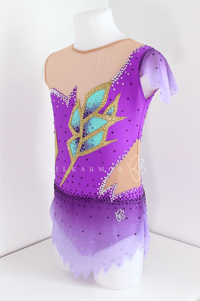 Justaucorps leotard rg rythmics gymnastic gymnastique rythmique compétition couturière sur mesure lycra violet peinture dégradée strass création justaucorps