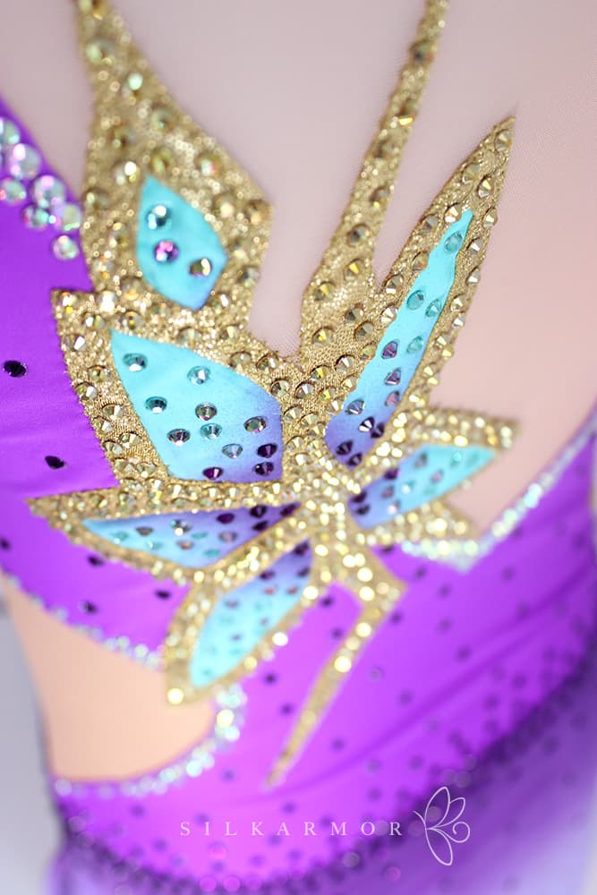 Justaucorps leotard rg rythmics gymnastic gymnastique rythmique compétition couturière sur mesure lycra violet peinture dégradée strass création justaucorps