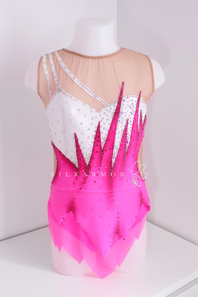 Justaucorps leotard rg rythmics gymnastic gymnastique rythmique compétition couturière sur mesure lycra rose et planc paillettes justaucorps confection sur commande