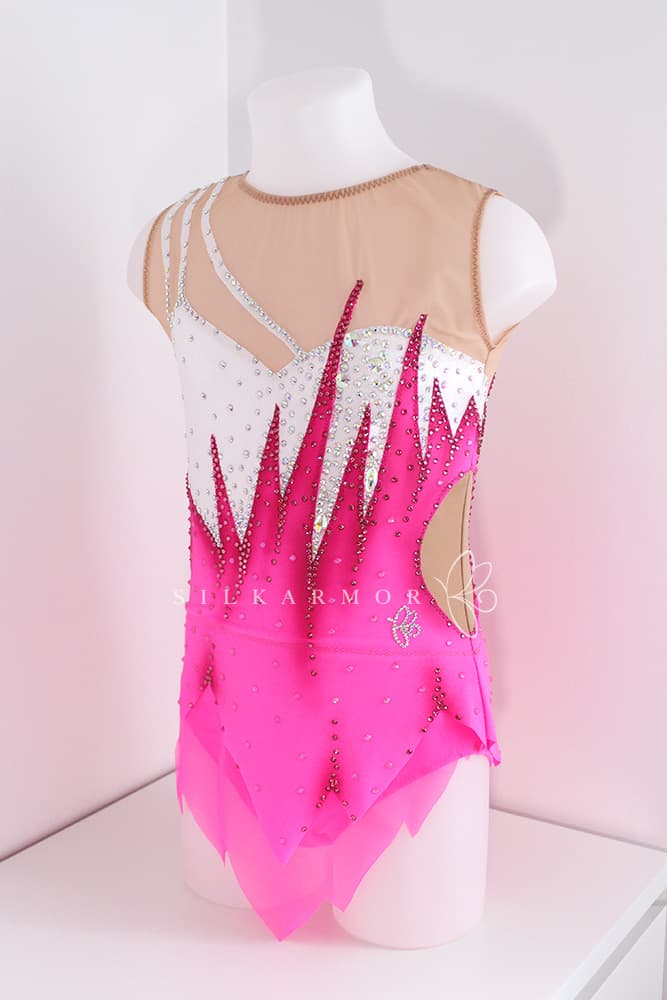 Justaucorps leotard rg rythmics gymnastic gymnastique rythmique compétition couturière sur mesure lycra rose et planc paillettes justaucorps confection sur commande