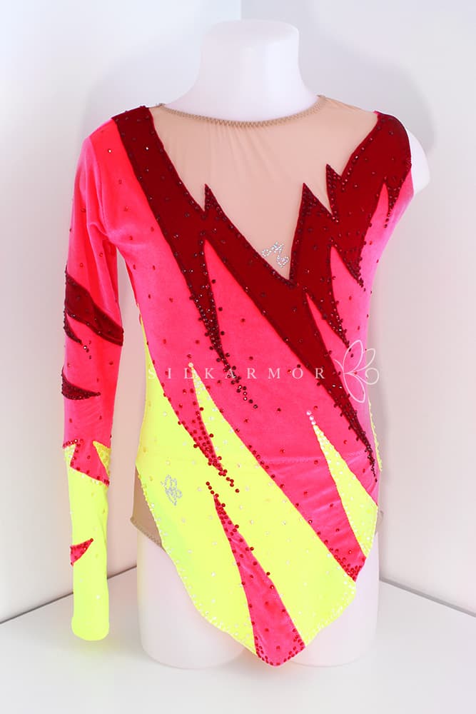 Justaucorps leotard rg rythmics gymnastic gymnastique rythmique compétition couturière sur mesure lycra et velours fluo strass dessin création