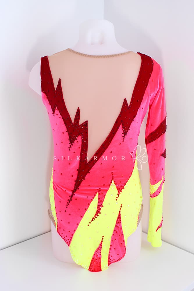 Justaucorps leotard rg rythmics gymnastic gymnastique rythmique compétition couturière sur mesure lycra et velours fluo strass dessin création
