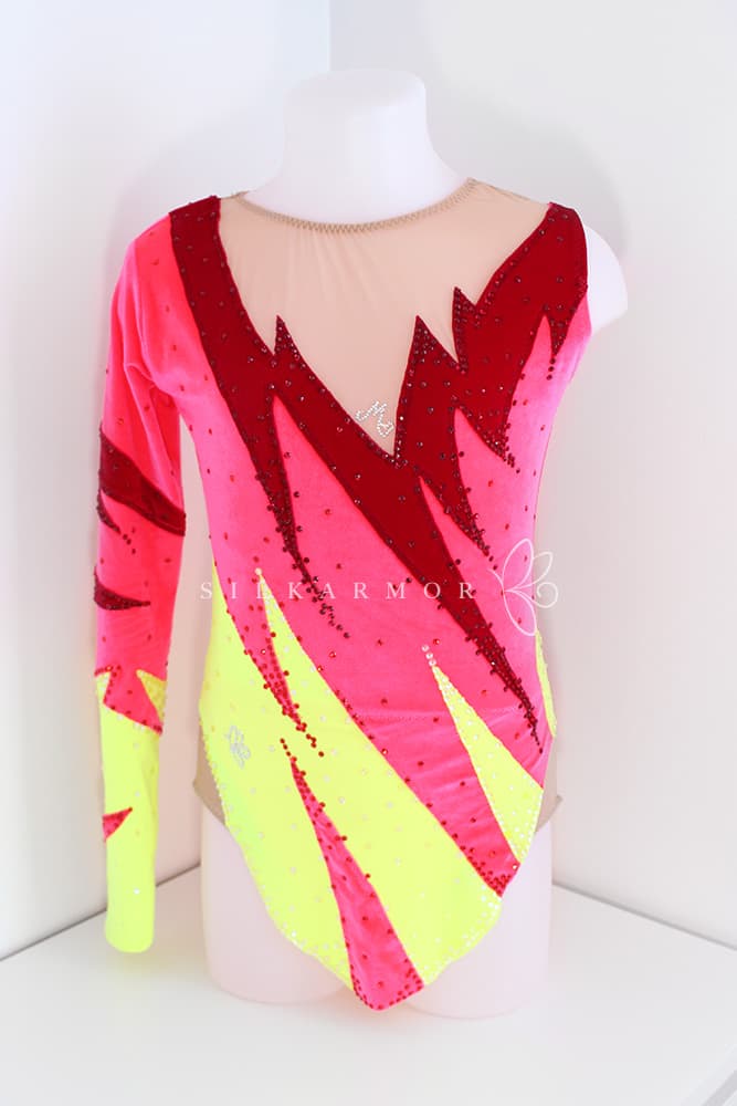Justaucorps leotard rg rythmics gymnastic gymnastique rythmique compétition couturière sur mesure lycra et velours fluo strass dessin création