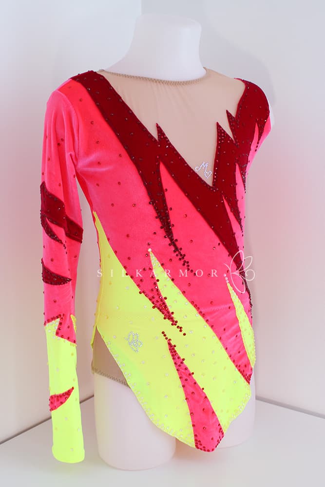 Justaucorps leotard rg rythmics gymnastic gymnastique rythmique compétition couturière sur mesure lycra et velours fluo strass dessin création