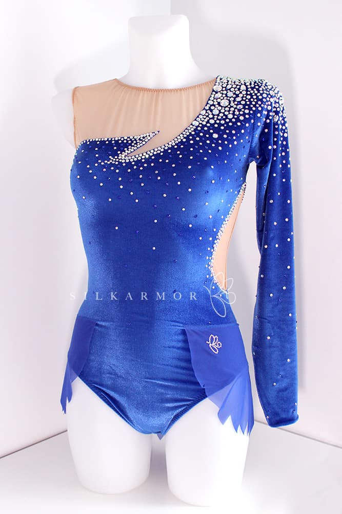 Justo bleu velours confection artisanale couture strass argent gymnastique rythmique