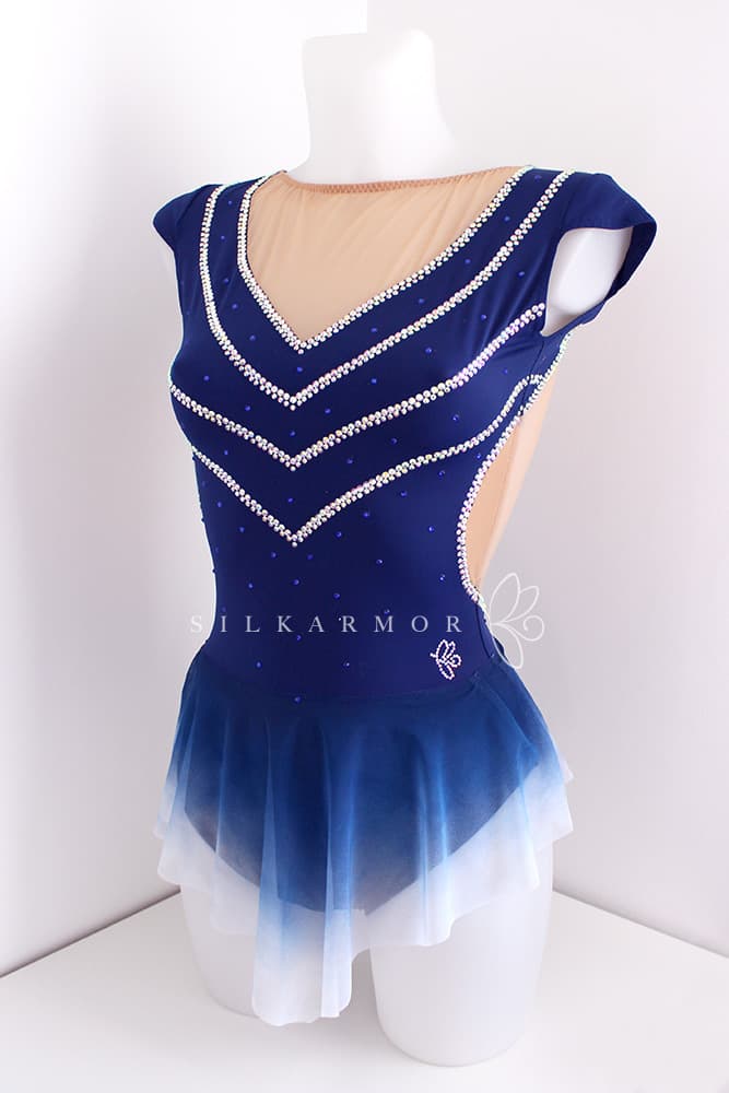 Justaucorps bleu marine strass création français jupette gymnastique rythmique gr grs volant