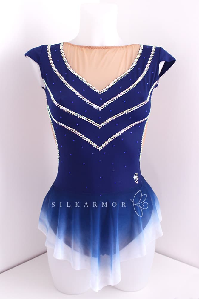 Justaucorps bleu marine strass création français jupette gymnastique rythmique gr grs volant