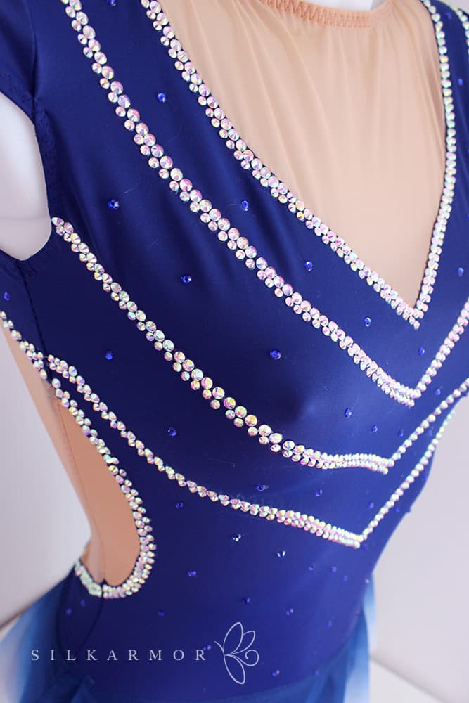 Justaucorps bleu marine strass création français jupette gymnastique rythmique gr grs volant